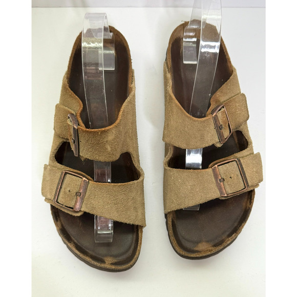 Birkenstock Arizona Sandal 40 Womens Tan Suede Leather Flip Flop Adjustable - Picture 1 of 12